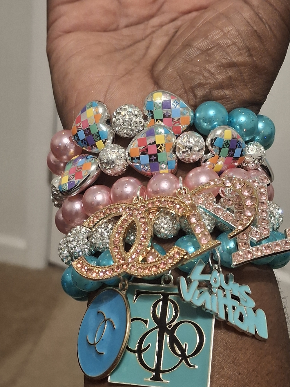 Multicolor Crystal Beaded Charm Bracelet Stack - Designer Style